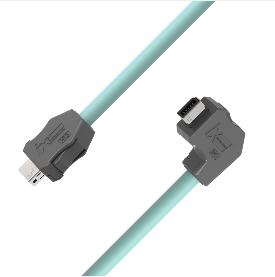 IX industrial CAT6A Ethernet cable upward angled teal