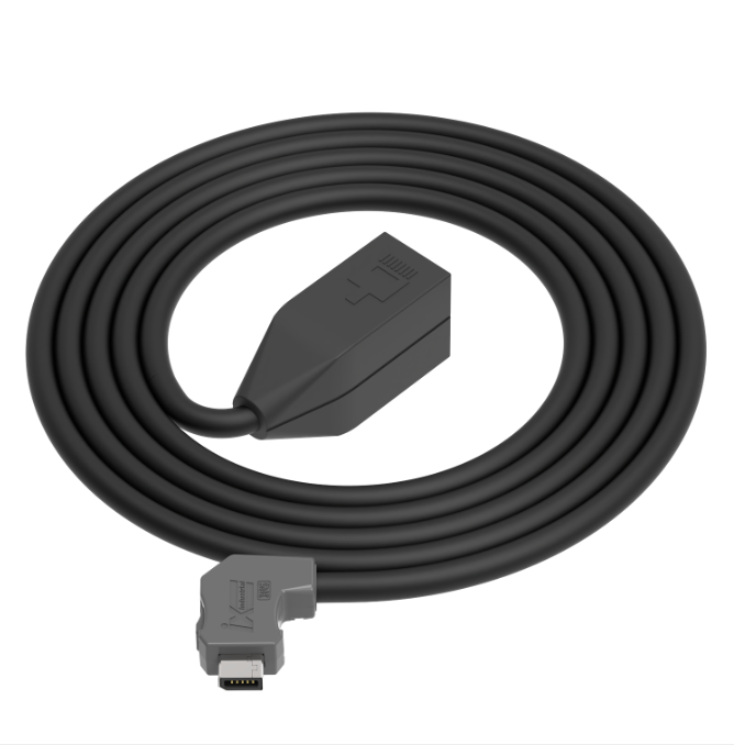 Black cable with connectors on a white background