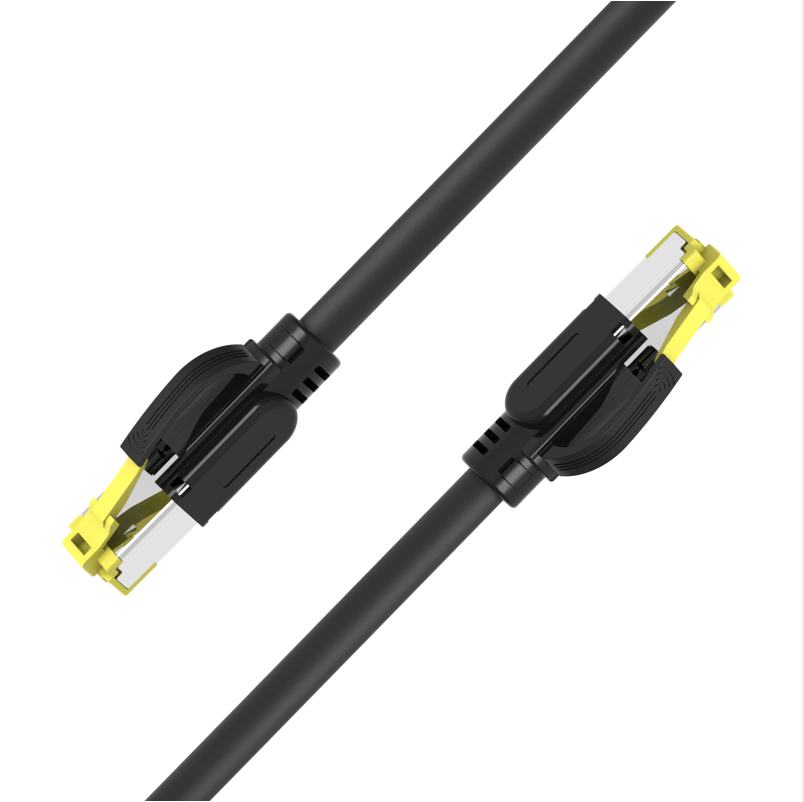 Industrial CAT6A S/FTP 10G Ethernet cable coiled with yellow-shielded RJ45 connectors 