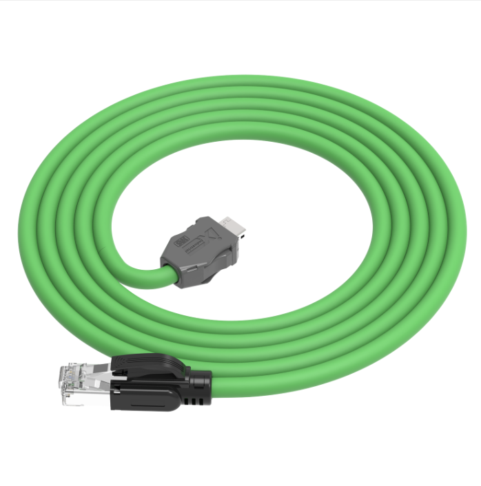 Green Ethernet cable with connectors on a white background