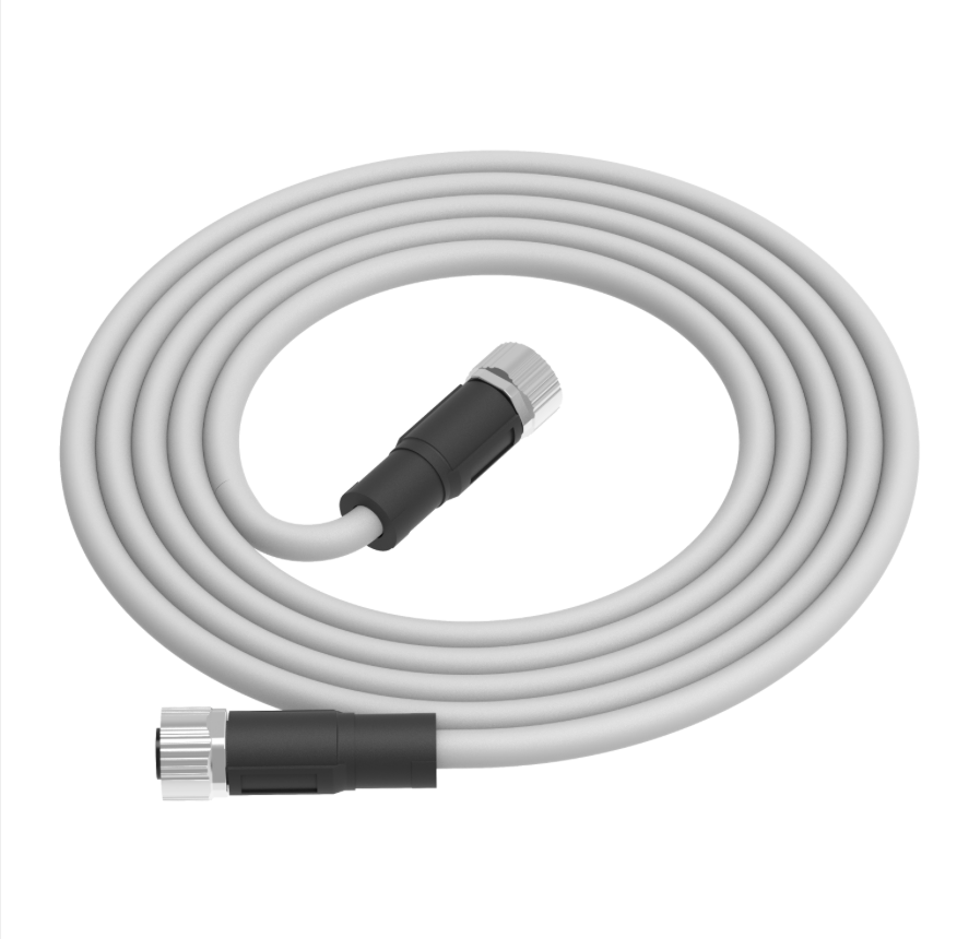 Coiled cable with black connectors on a white background