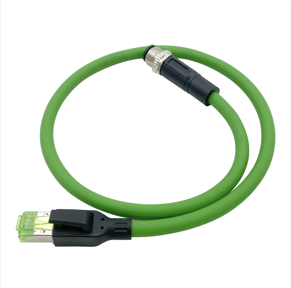 Green Ethernet cable with one end as a USB connector on a white background