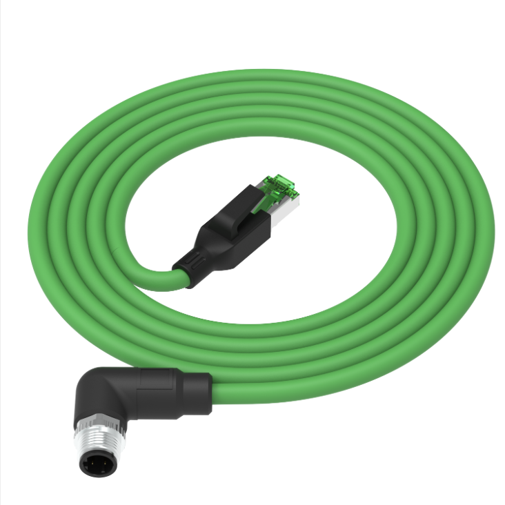 Green garden hose with black connectors on a white background