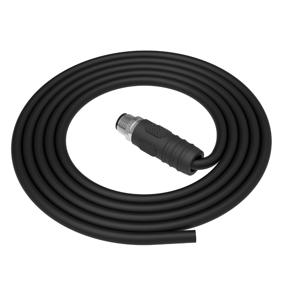 Coiled black hose with a metal fitting on a white background