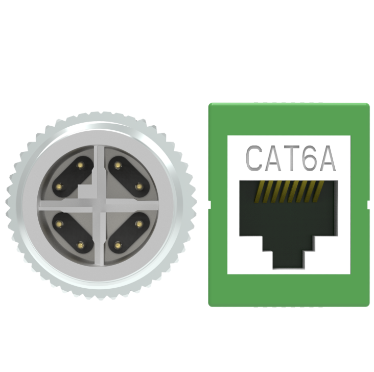 Ethernet cable connector with 'CAT6A' label on a white background