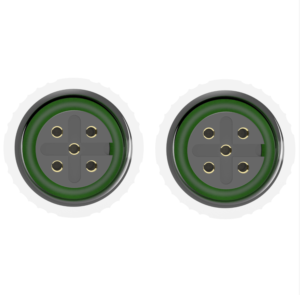 Two circular connectors with green and gray design on a white background