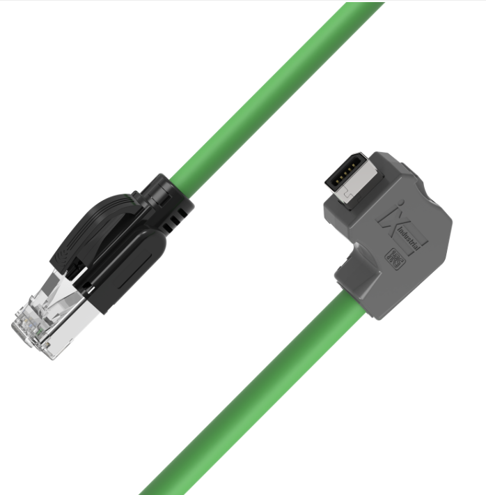 Green Ethernet cable with a 90-degree connector on a white background