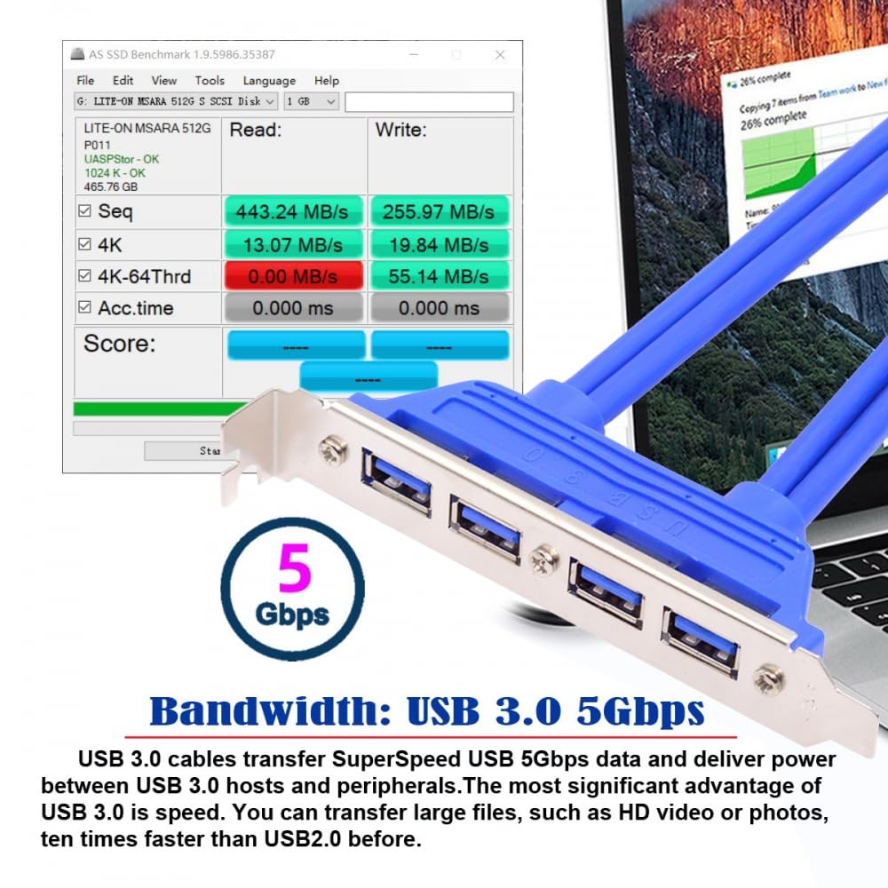 Internal USB 3.0 4-Port Female Panel Mount Cable to 20-Pin Motherboard Header with PCI Bracket