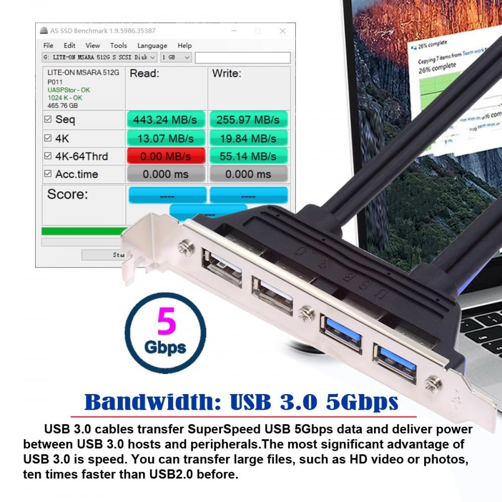 USB 3.0 hub with laptop and benchmark software displaying speed data