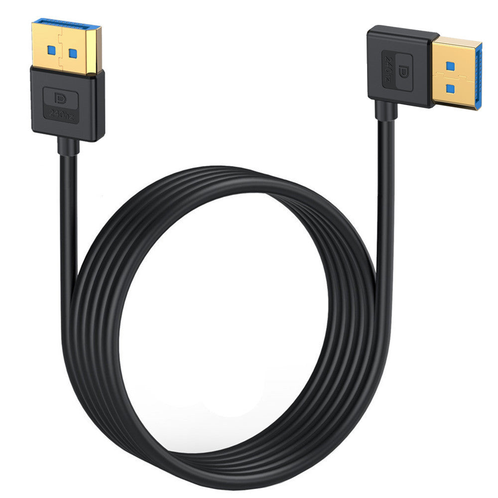 A black DisplayPort 1.4 cable with gold-plated connectors on both ends, coiled and presented against a white background.