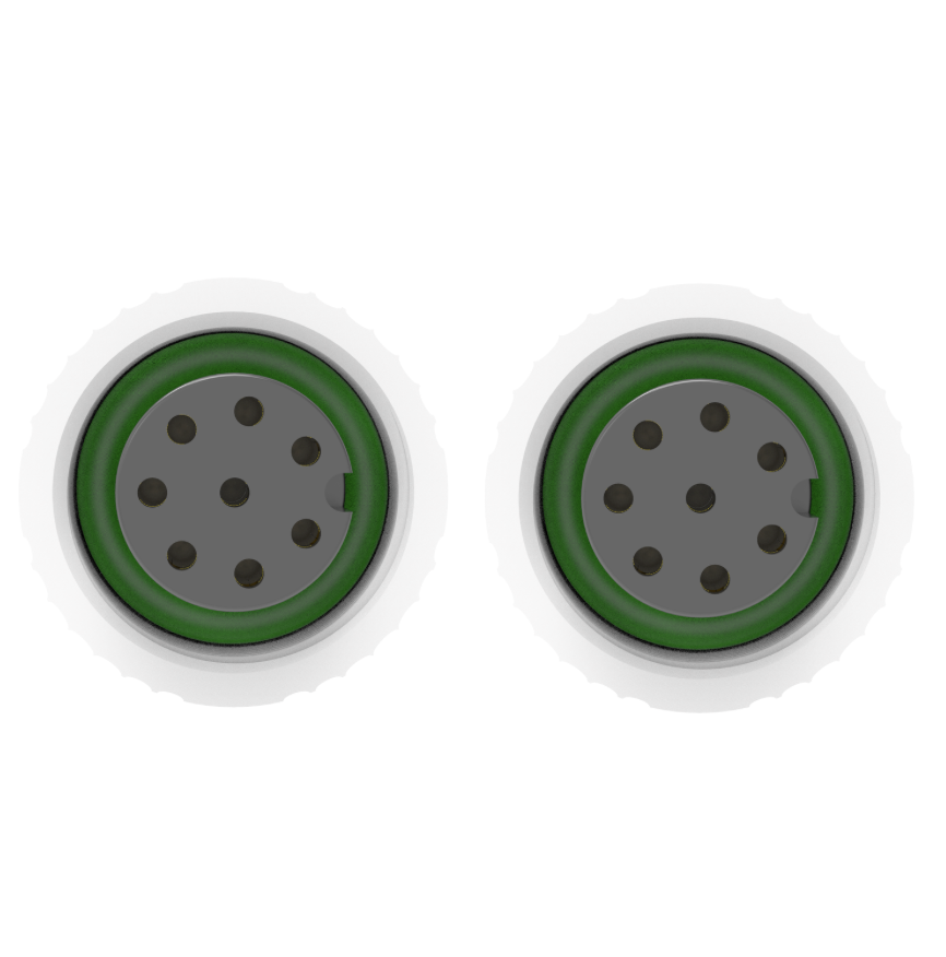 Two green and gray circular connectors on a white background