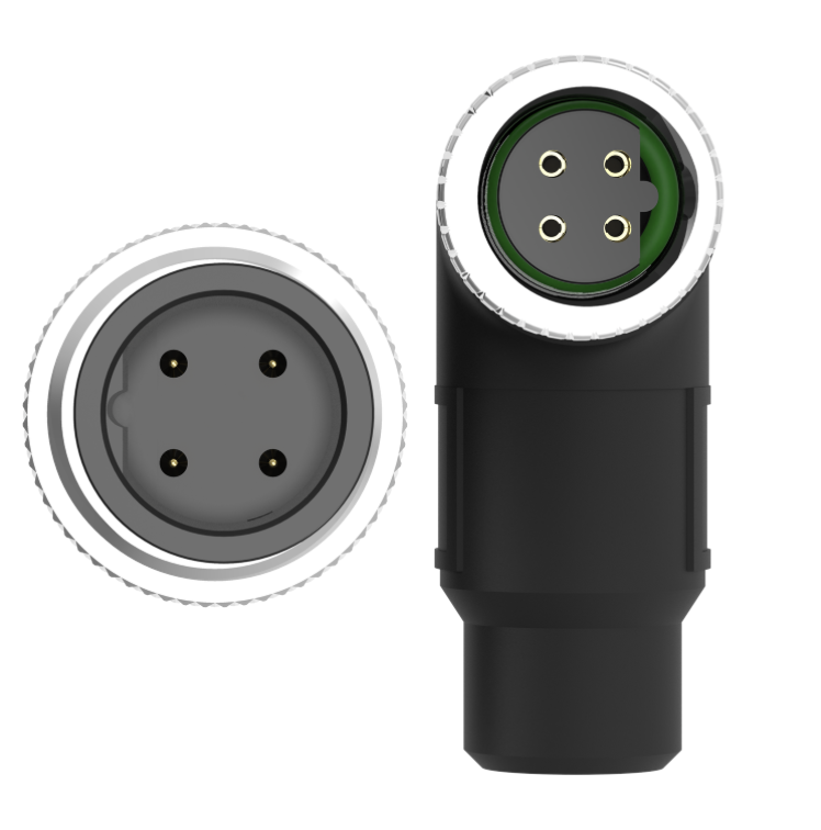 Black electrical connector with three pins on a white background