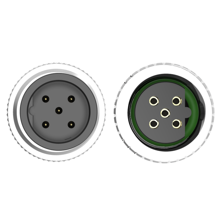 Two circular connectors, one gray and one with a green ring, on a white background.