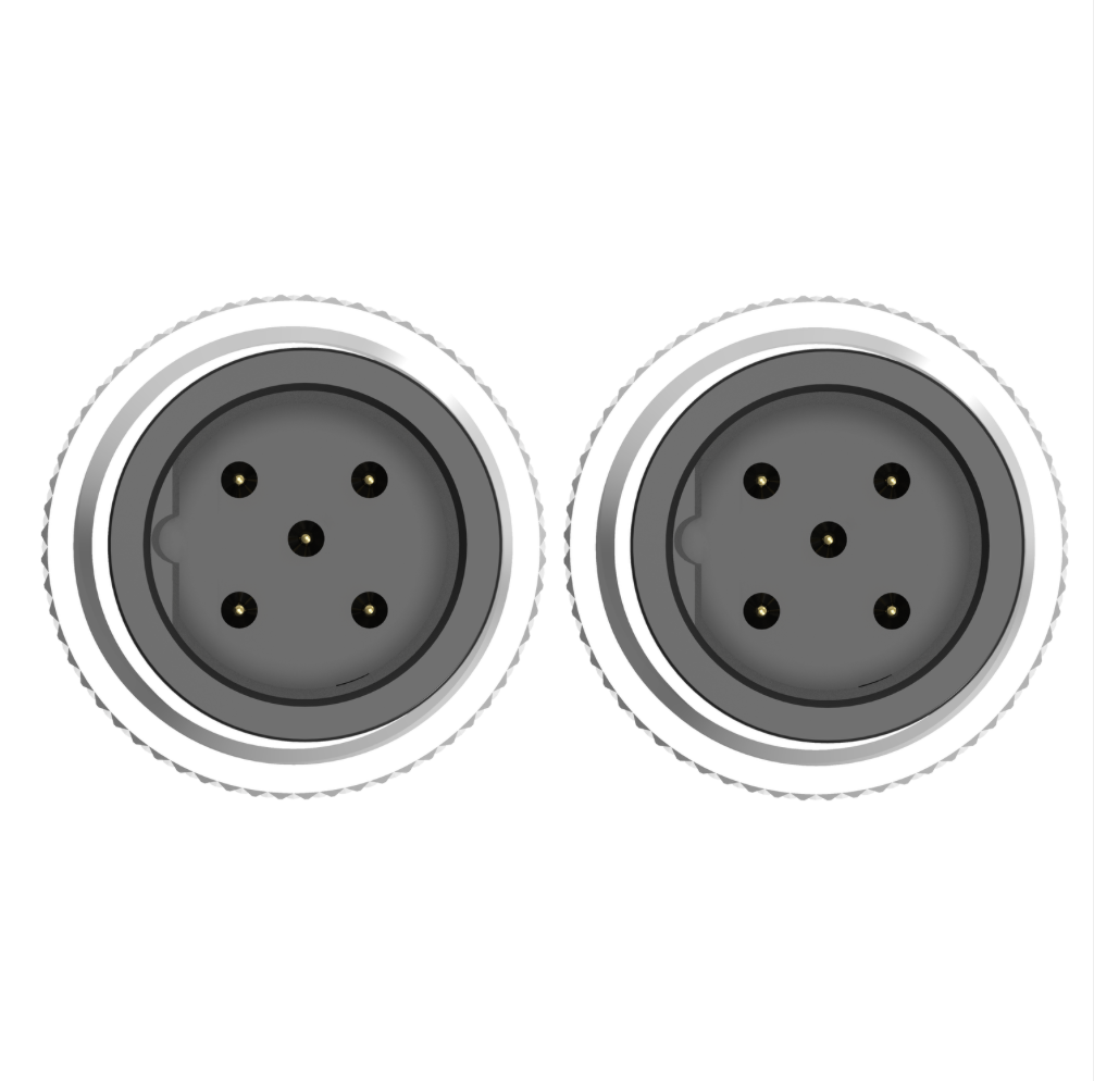 Two circular connectors with multiple pins on a white background