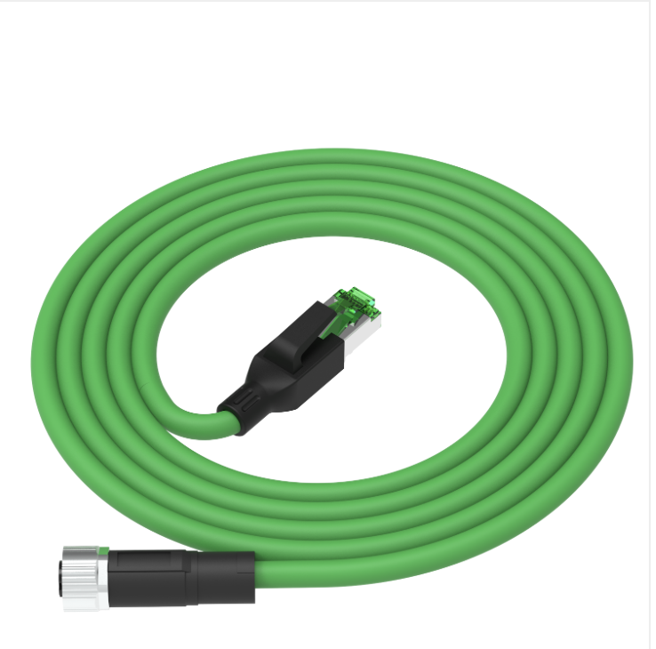 Green cable with black connectors on a white background
