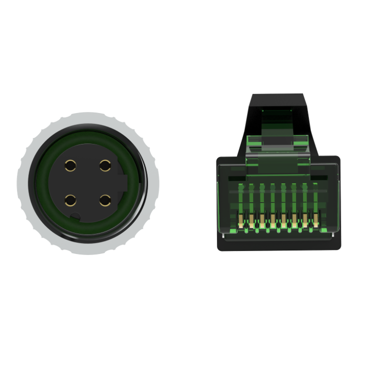 Two electrical connectors, one round and one rectangular, on a white background.