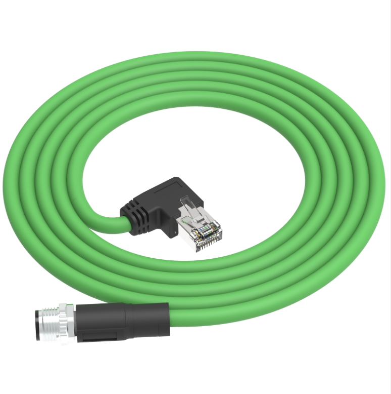 Green Ethernet cable with connectors on a white background