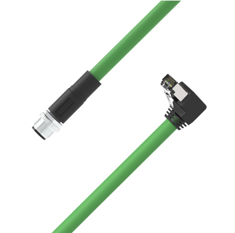 M12 D-coded male to RJ45 down-angle Ethernet cable PUR jacket