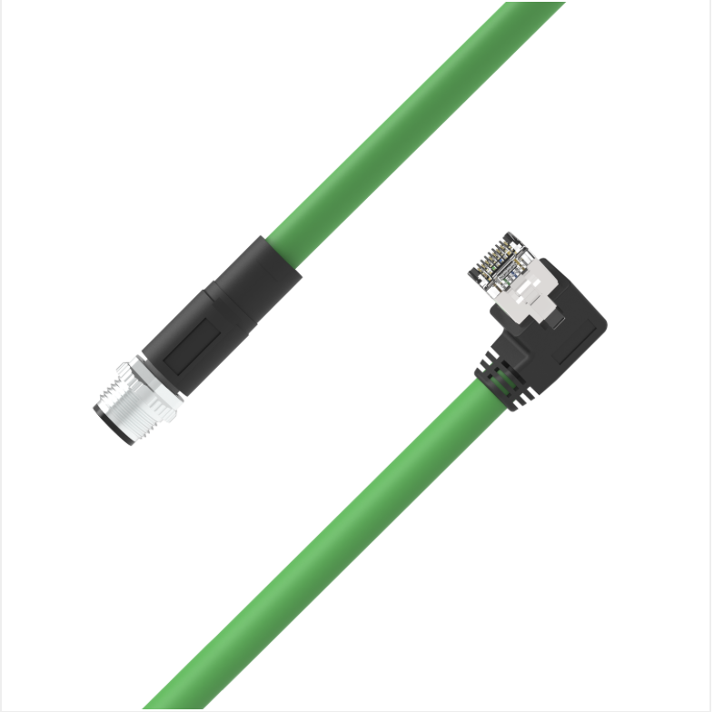 M12 D-coded male to RJ45 left-angle Ethernet cable PUR jacket
