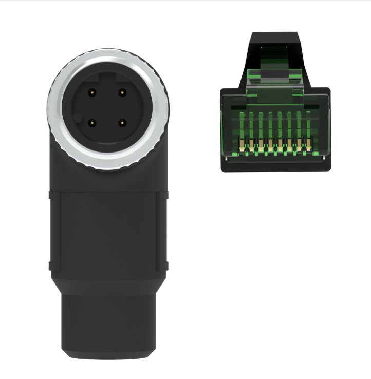 Black and silver electrical connector with close-up inset on a white background