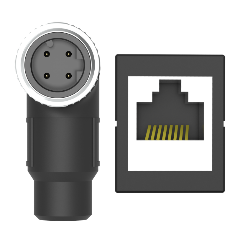 Black XLR connector and black Ethernet jack on a white background