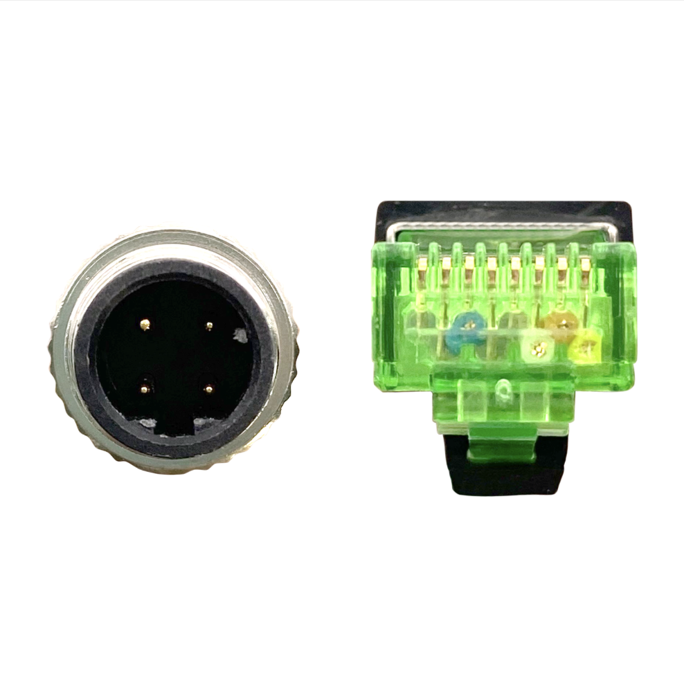 Electrical connector with black circular end and green rectangular housing on a white background