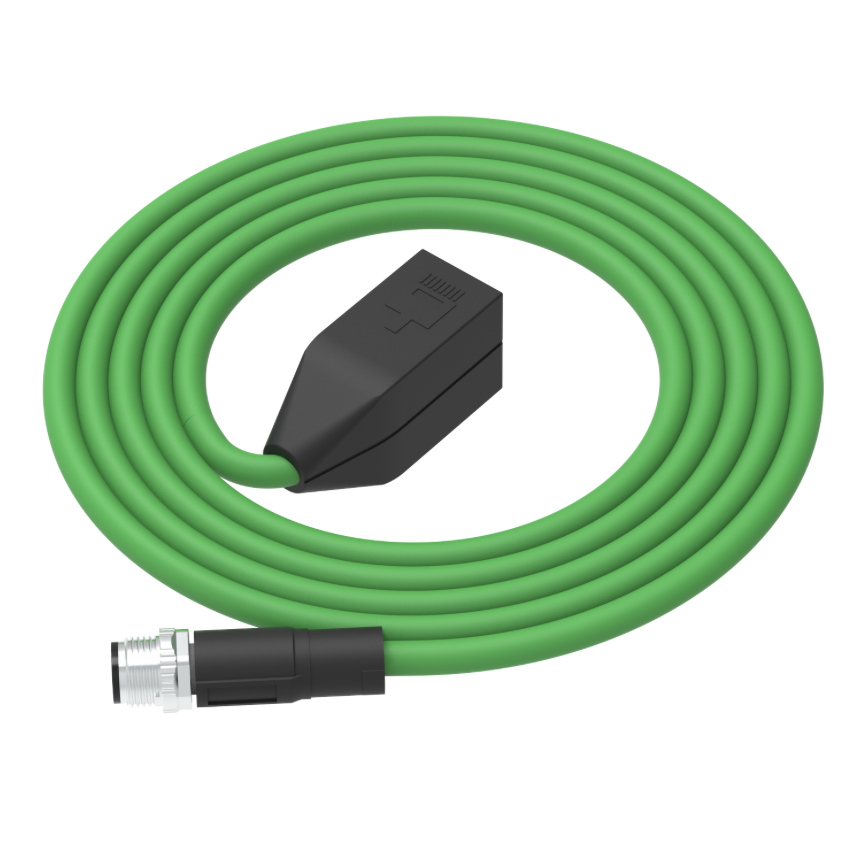 Green garden hose with black nozzle on a white background