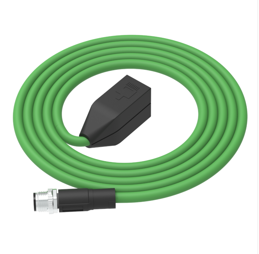 Green garden hose with black nozzle on a white background