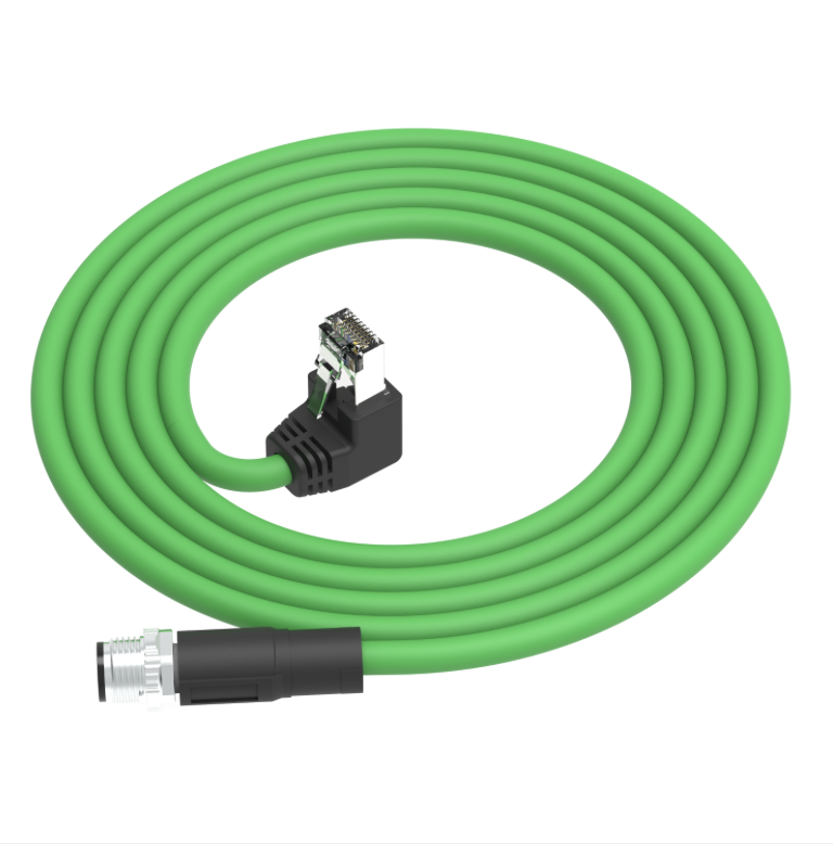 Green cable with black connectors on a white background
