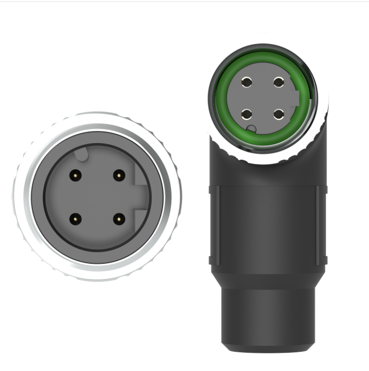 Two black connectors with green accents on a white background