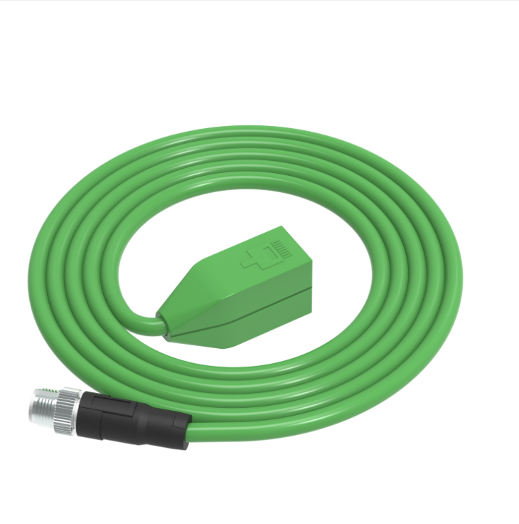 Green garden hose with a nozzle on a white background