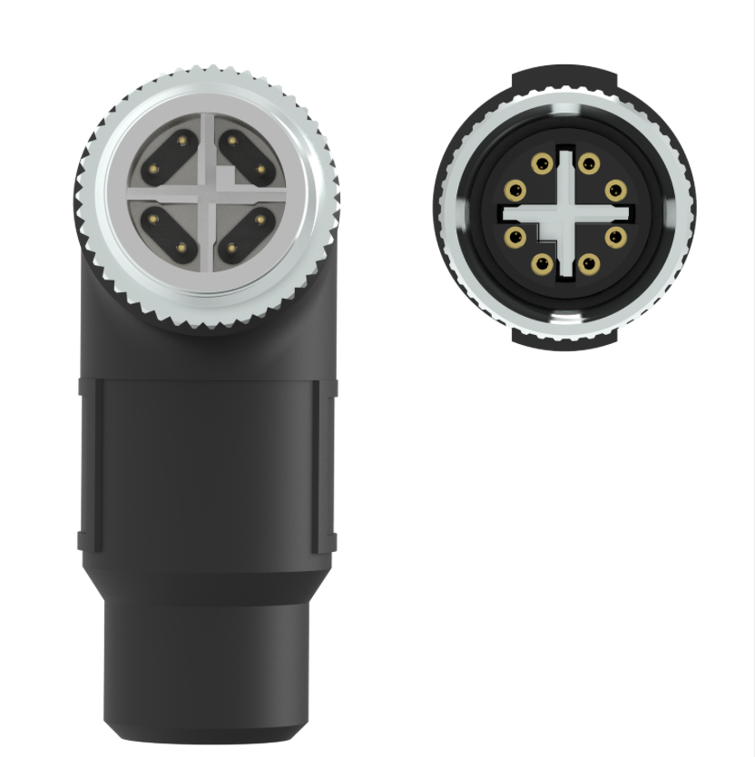 Black and silver cylindrical connectors with detailed design on a white background