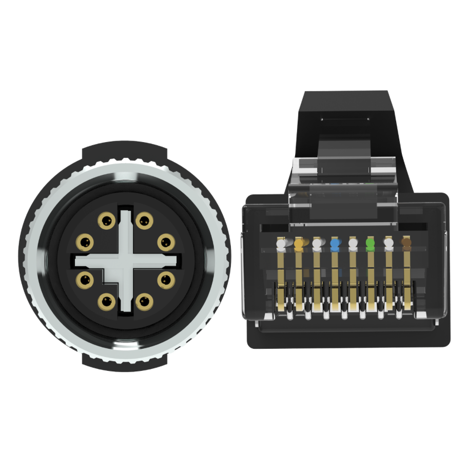 Two views of a mechanical connector with pins on a white background