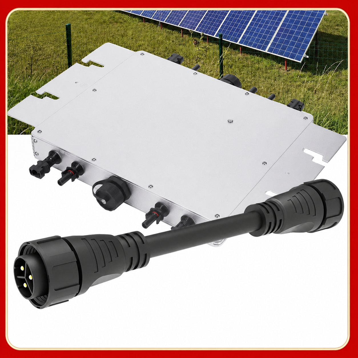 Solar panel connection box with cable and connector on a white background, solar panels in the background.