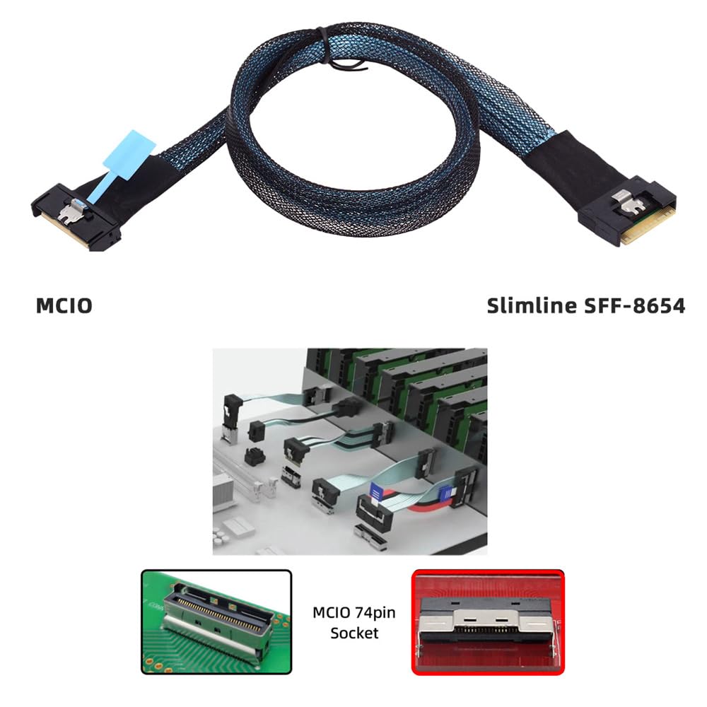 MCIO SFF-8654 SAS 4.0 74Pin Male to PCI-E Slimline 8i 74Pin Male PCI-E 5.0 Mini Cool Edge IO Extender Cable
