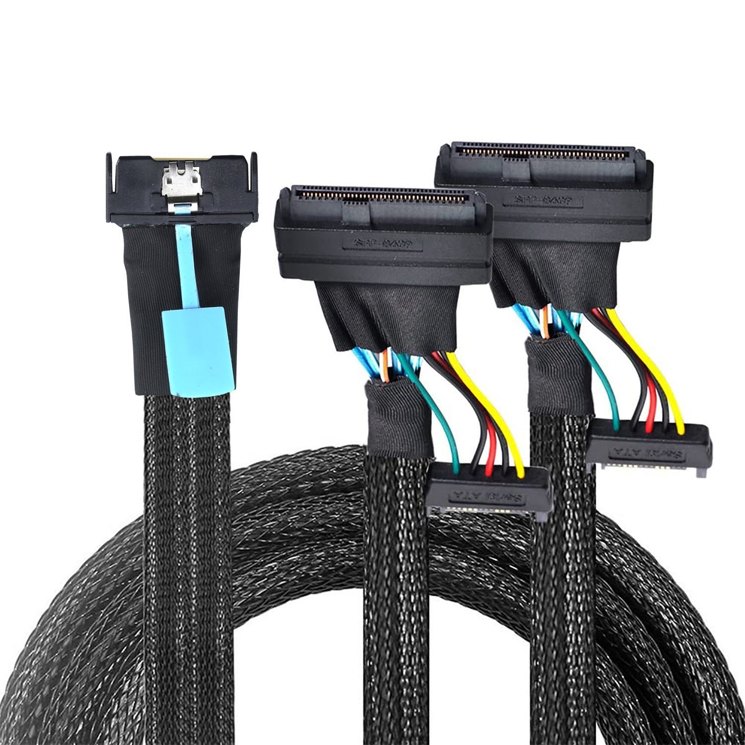 A black data transmission cable with a Slimline SAS MCIO 8i connector on one end and a 2-SFF 8639 connector on the other, with a power supply connector nearby.