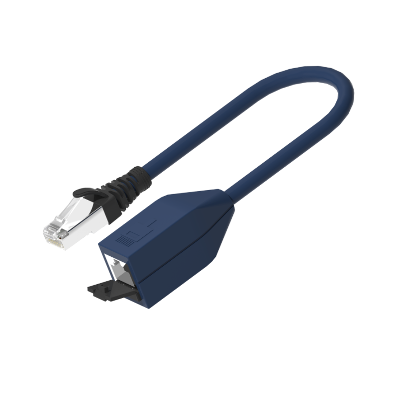 Blue Ethernet cable with RJ45 connector on a white background
