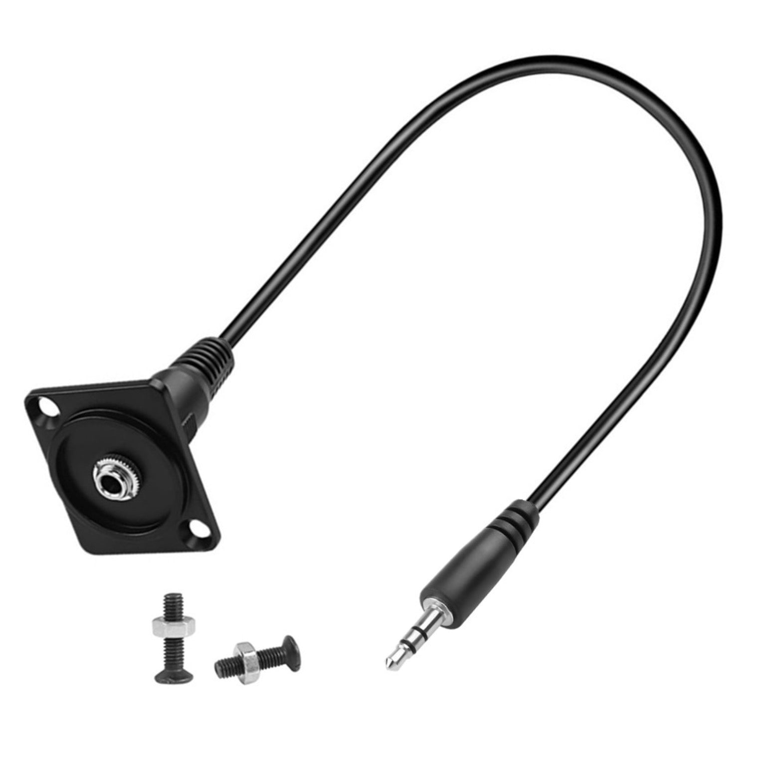 A black 3.5mm TRS panel mount audio cable with a 1/8 stereo headphone mount socket on one end and a TRS connector on the other, along with mounting screws.