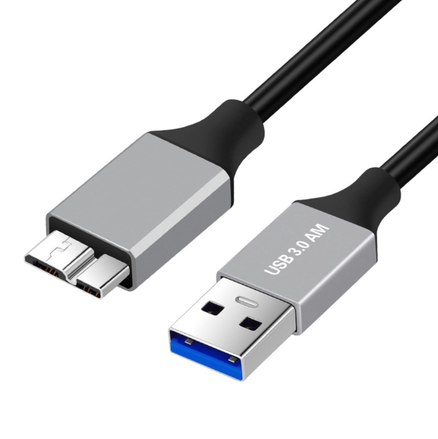 A black micro B to USB 3.0 type A external hard drive cable laid out on a surface.