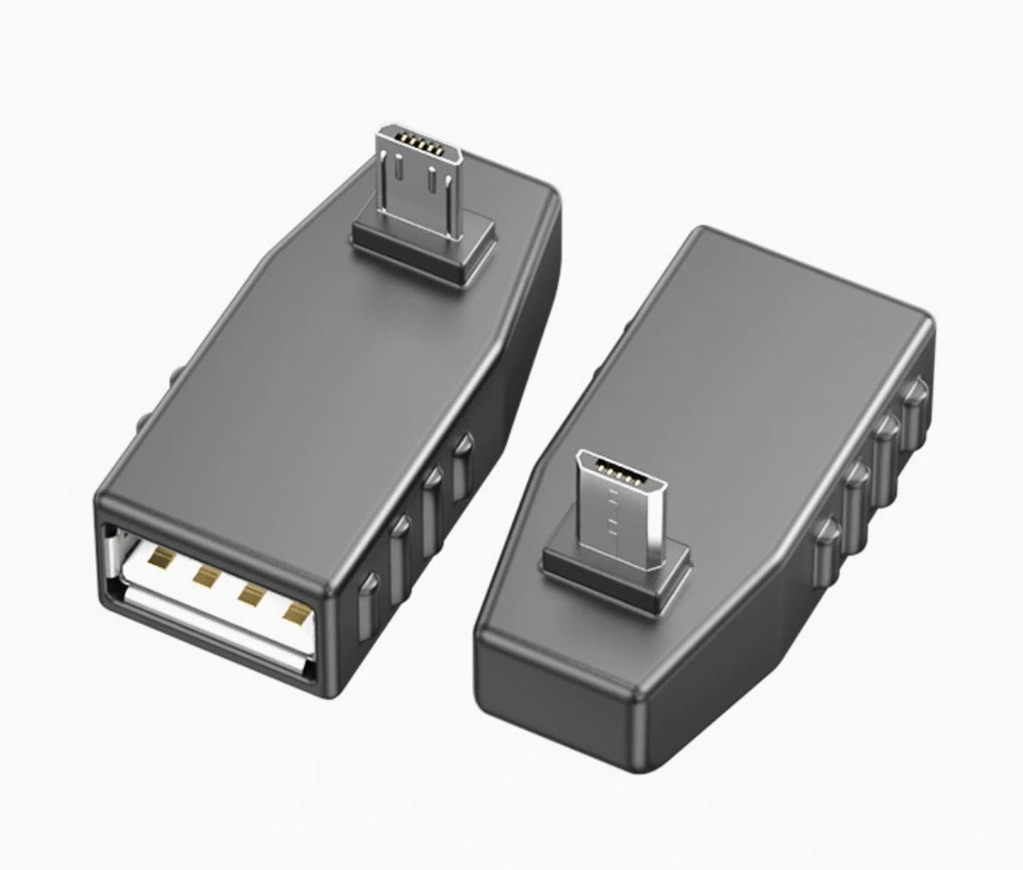 A set of black Micro USB to USB 2.0 adapters with different angles for male connections.