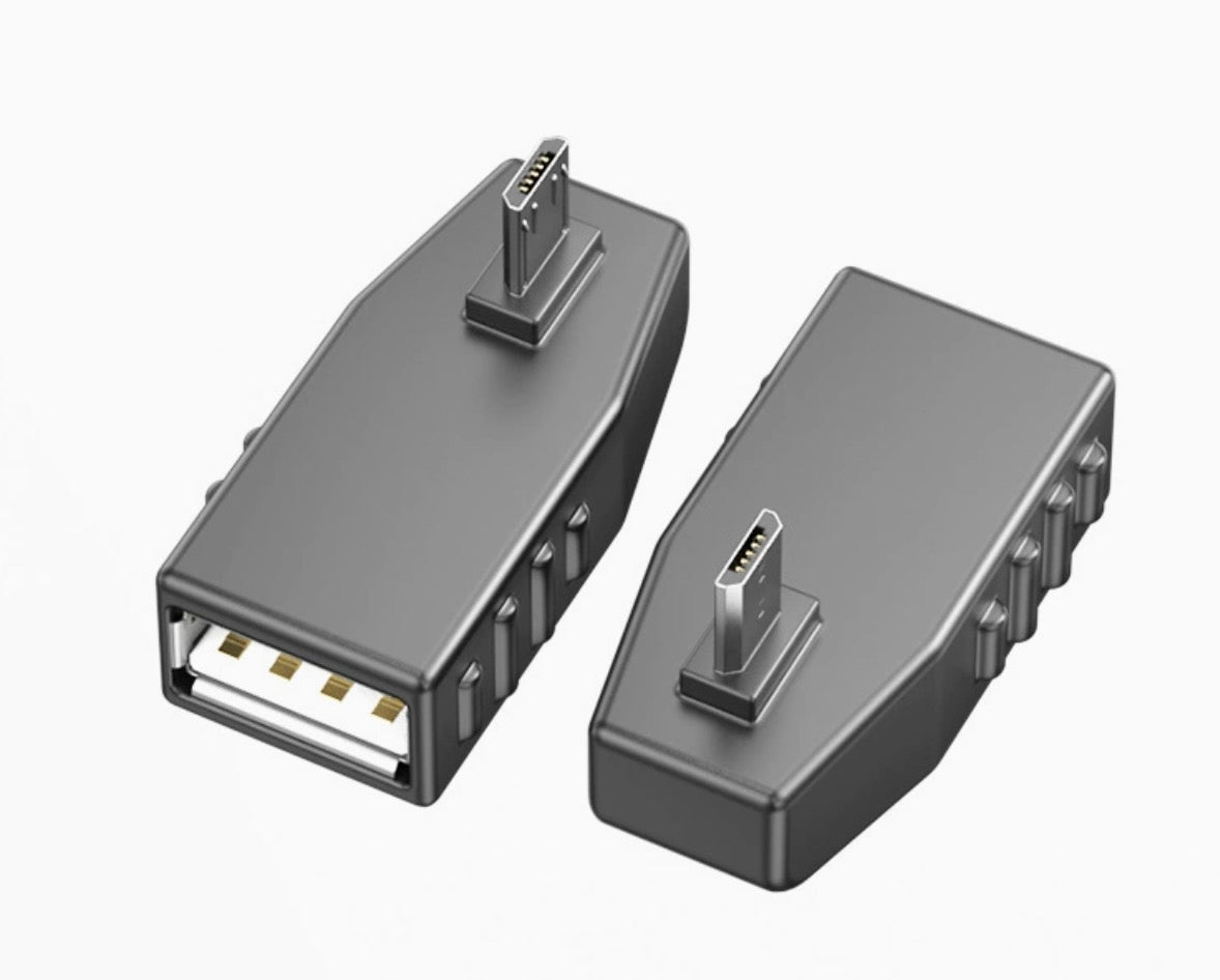 A set of black Micro USB to USB 2.0 adapters with different angles for male connections.