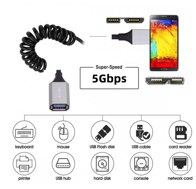 Micro B to USB 3.0 Type A female coiled extension cable