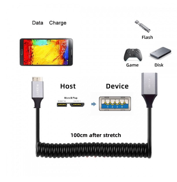 Black coiled USB 3.0 Micro B extension cable