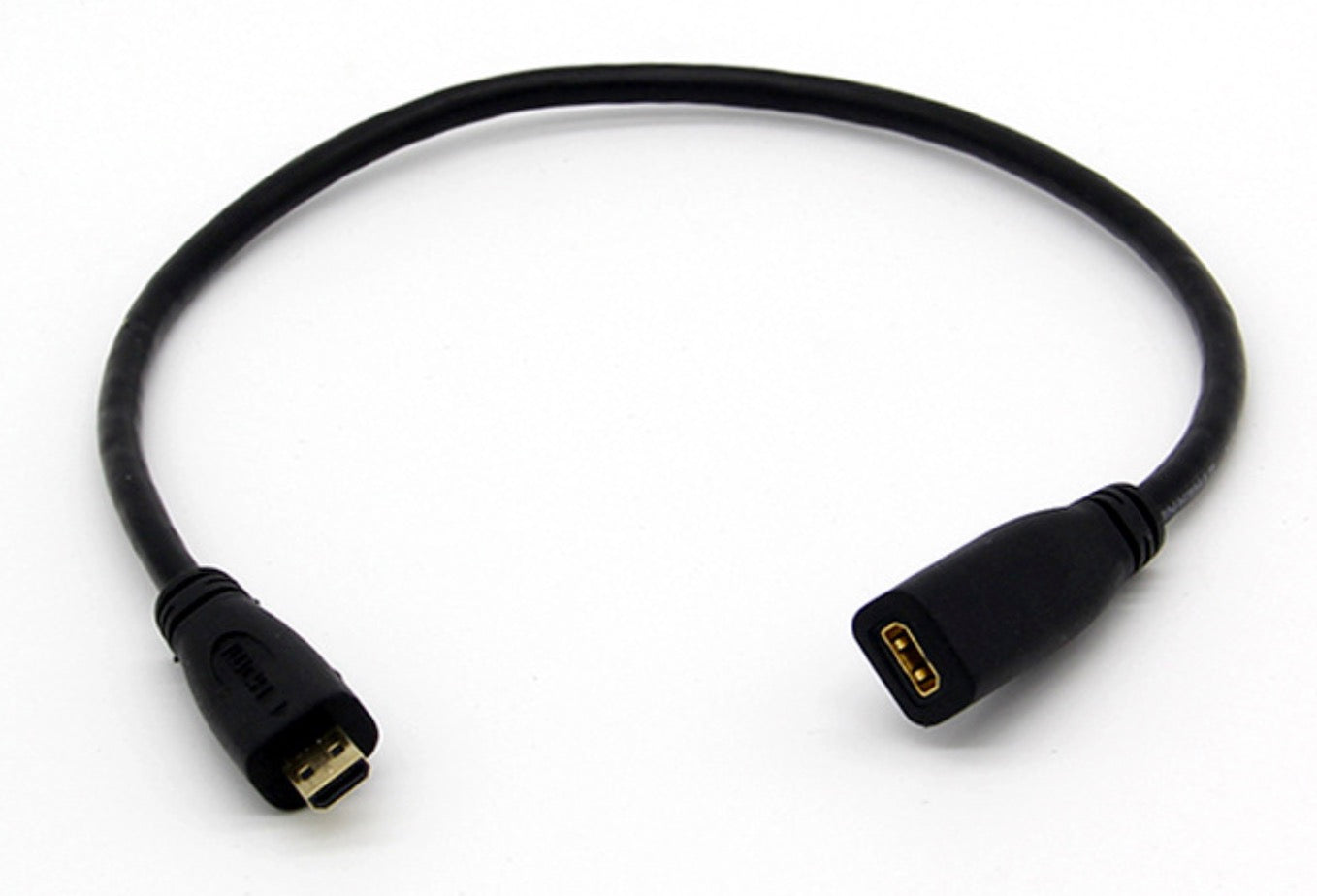 Black Micro HDMI male to female adapter cable close up