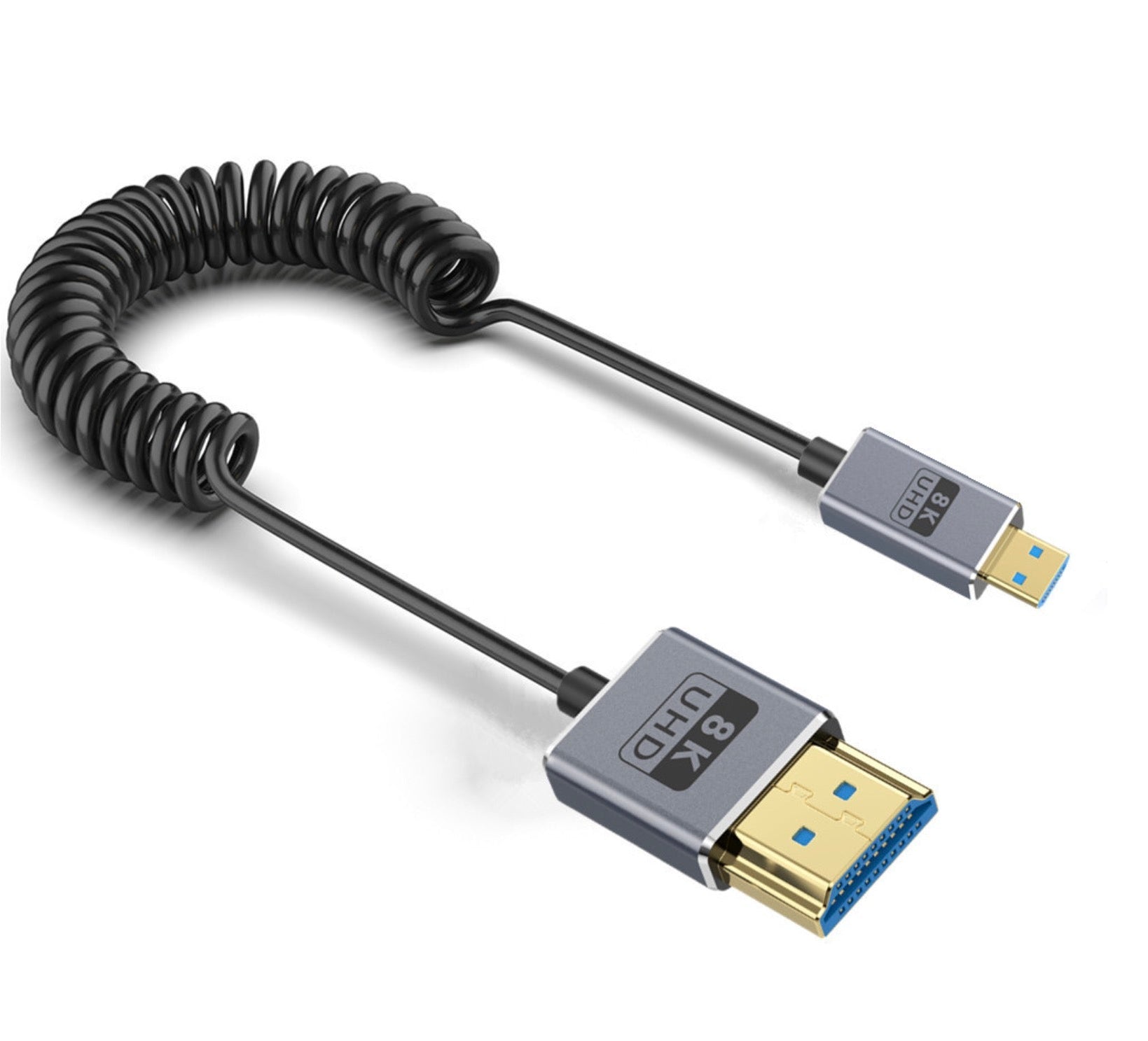 A black coiled micro HDMI to HDMI 2.1 cable, showing both micro HDMI and HDMI connectors.