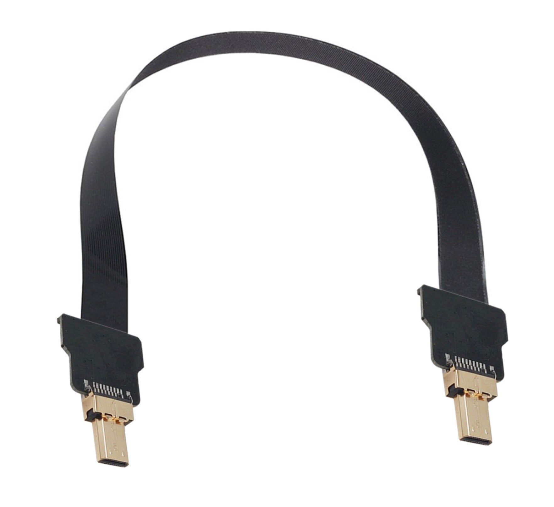 A black micro HDMI to micro HDMI FPC flat cable, with one end displaying a micro HDMI connector and the other end a USB connector, against a white background.