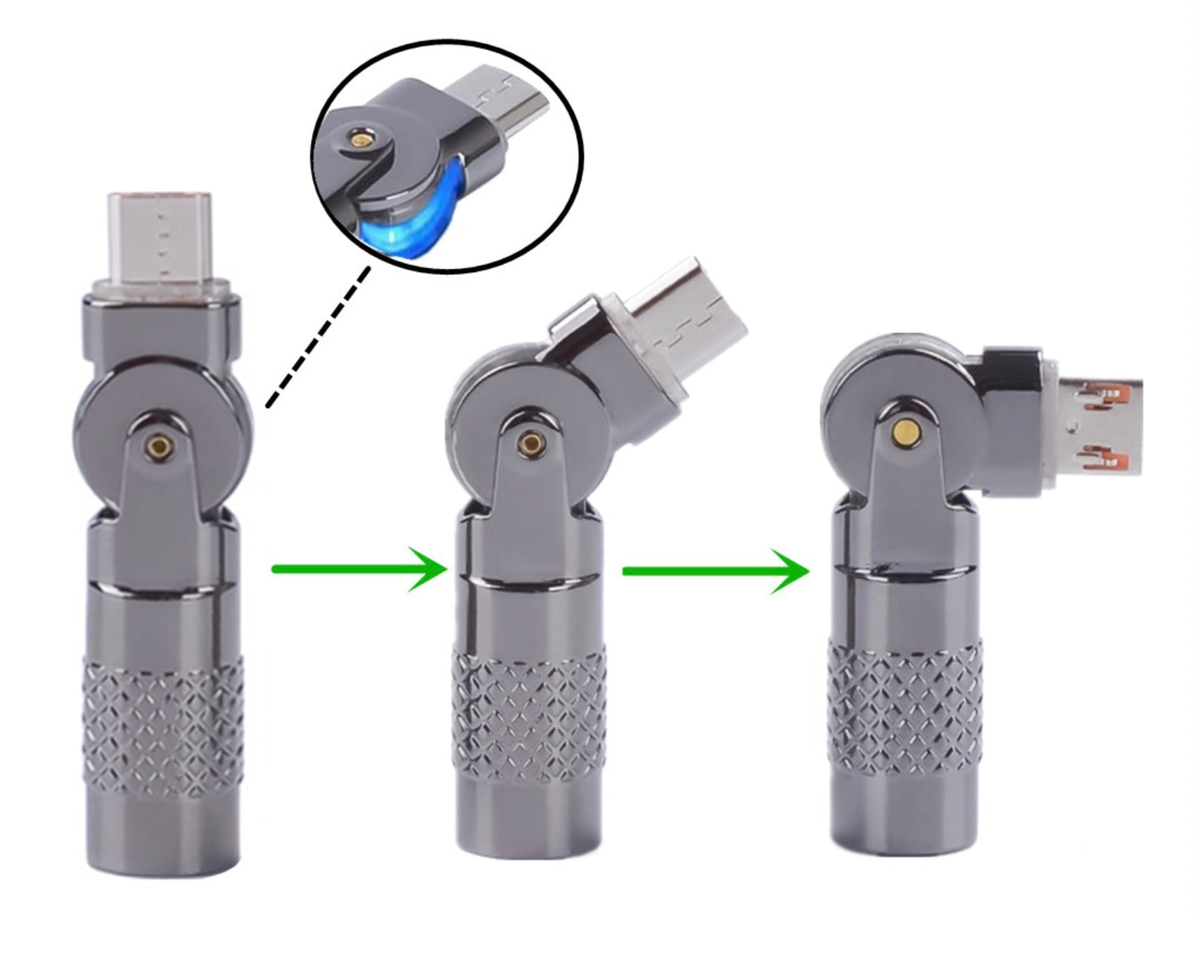 Metallic USB adapter with multiple connectors on a white background