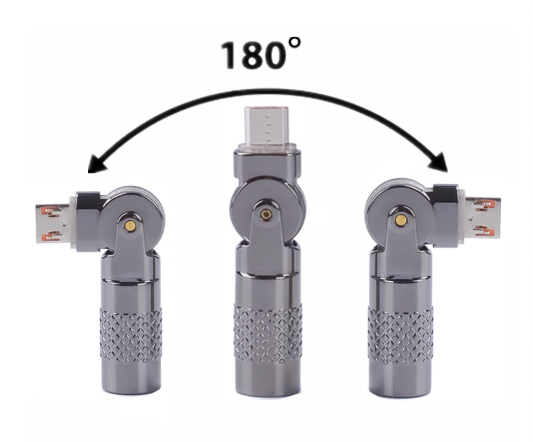 Three metallic USB connectors showing a 180-degree rotation on a white background.