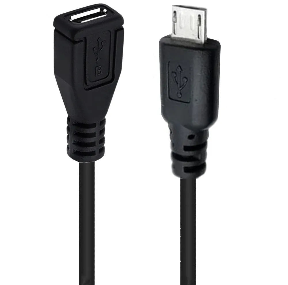 Black USB cable with one end being a standard USB connector and the other an micro USB connector on a white background.