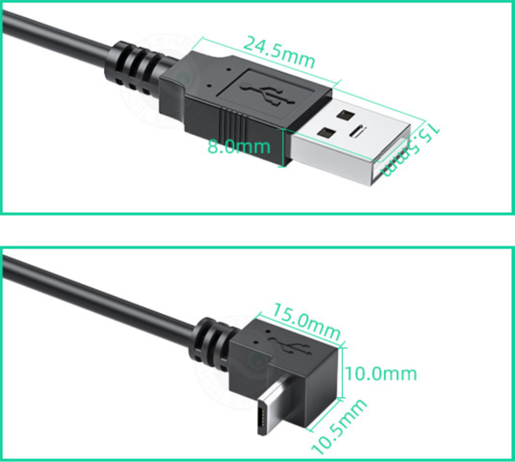 Measurement details of a USB cable with connectors on a white background